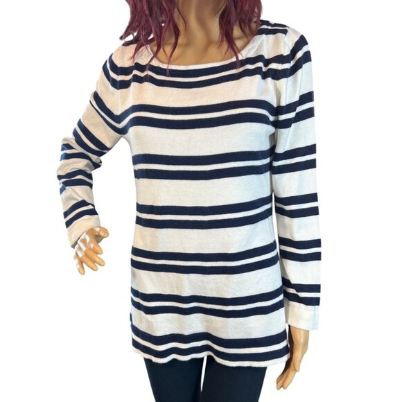 (5 for $25) J.Crew Boatneck Pullover Sweater in Ivory/Navy Stripe Size Small - Picture 1 of 5